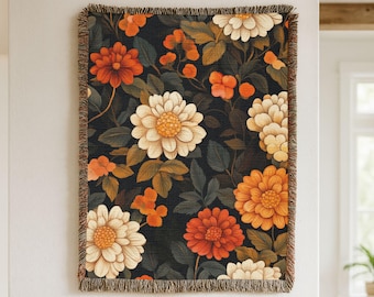 Vintage Autumn Floral Woven Blanket, autumn flower blanket, orange flower blanket, farmhouse home decor, floral accent blanket. floral throw