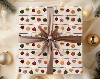 Retro Christmas Ornaments Wrapping Paper, Vintage Bauble Pattern, Christmas Packaging Paper, Rustic Winter wrapping paper, xmas gift wrap