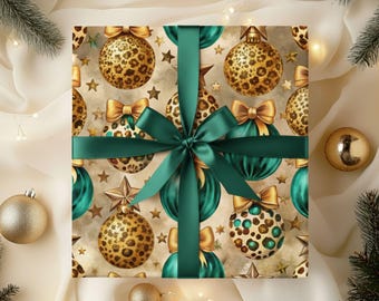 Leopardenmuster Weihnachtsgeschenkpapier, Türkis und Gold Ornament Geschenkpapier, Glam Urlaub Geschenkpapier, schicke Tierdruck Weihnachtsgeschenkpapier