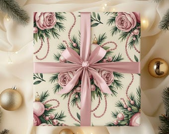 Carta da regalo natalizia rosa vintage, carta da regalo con decorazioni rosa, carta da regalo glamour per le feste, carta da regalo natalizia con stampa floreale pastello