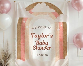 Banner rosa arcoíris para baby shower, fondo personalizado para baby shower, baby shower boho arcoíris, banner para baby shower de niña, baby shower rosa
