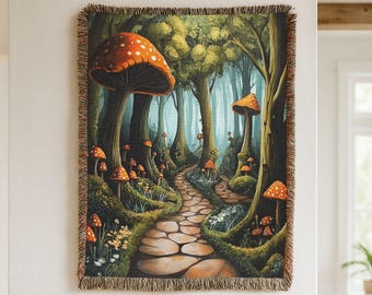 Enchanted Mushroom Forest Woven Blanket, Whimsical Woodland tapestry, Mystical Forest blanket, Fairy Forest Trail tapestry, mushroom blanket