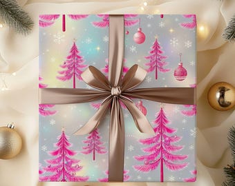 ピンクのツリーのクリスマスラッピングペーパー、クリスマスラッピングペーパー、ピンクのリボンのギフトラップ、クリスマスパッケージ、ラッピングペーパー、ホリデーギフトラップ