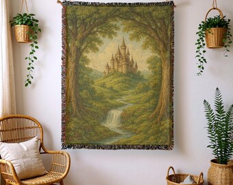 Enchanted Forest Castle Woven Blanket, Castle woven blanket, Castle Tapestry, enchanted blanket, Enchanted Forest, Forest Tapestry woven