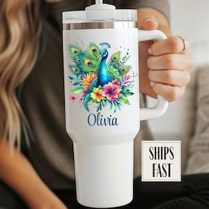 Peacock 40oz tumbler with lid and handle, Peacock tumbler, cute Peacock tumbler, floral Peacock mug, Peacock lover gift, animal lover mug