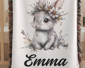 Custom Boho Bunny Woven Nursery Blanket, woodland baby blanket, Baby shower gift, custom baby name blanket, custom baby girl throw blanket