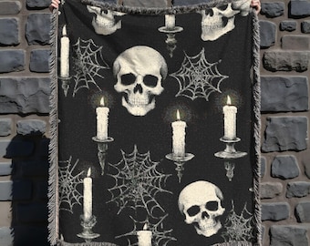Vintage Halloween skull woven blanket, spooky season blanket, Skeleton woven blanket, halloween blanket, retro halloween blanket, skeletons
