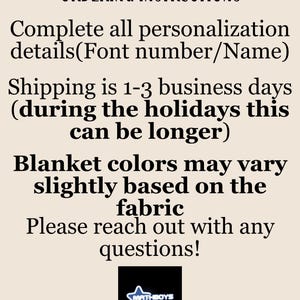 May include: Text on a beige background reads "ORDERING INSTRUCTIONS" followed by instructions for personalization, including font number and name. It also mentions blanket color variations and encourages questions. A logo with a star and the words "MATHBOYS MAMA" is at the bottom.