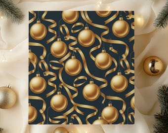 May include: A repeating pattern of gold Christmas baubles and ribbons on a dark blue background. The baubles are round with a metallic sheen, and the ribbons are curled and flowing. Festive holiday design.