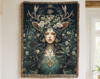 Enchanted Forest Goddess Woven Blanket, Forest Queen Tapestry, fantasy woven blanket, enchanted forest, antler crown art, mystical tapestry