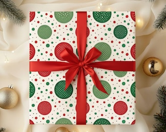 Retro Christmas Polka Dot Wrapping Paper, Red and green Holiday Gift Wrap, Botanical Christmas Paper, Festive Winter Gift Wrapping gift wrap