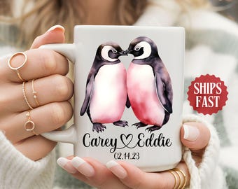 Custom Penguin Valentine Mug, valentines Mug, Romantic Penguin Couple Mug, Personalized his and hers mug, Valentines day gift for him