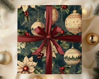 Papel de regalo navideño vintage, papel de regalo rojo y verde con acebo, papel de regalo navideño retro, papel de regalo navideño clásico y festivo