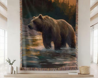 Fishing Grizzly bear woven blanket, nature inspired tapestry throw, Gift for fisherman, Nature lover gift, camping gift, bear woven throw