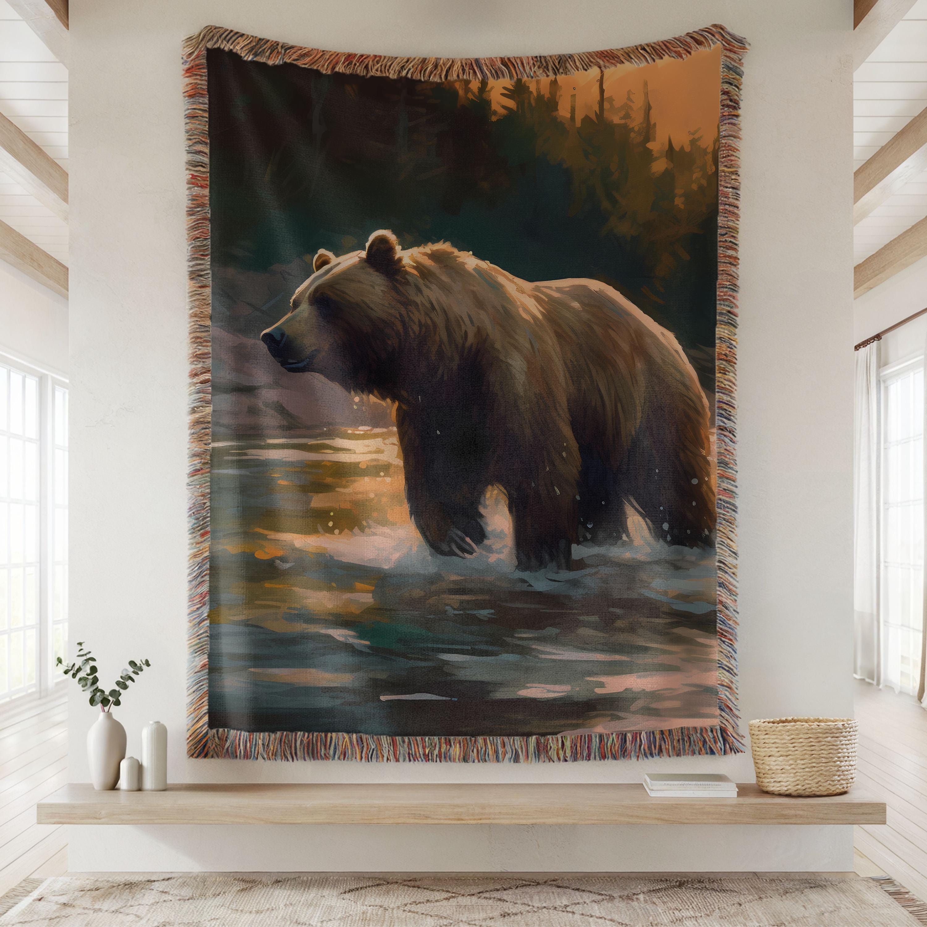 Fishing Grizzly Bear Woven Blanket, Nature Inspired Tapestry Throw