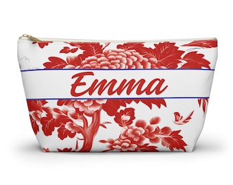 Custom Mahjong Tile Bag, Personalized Name Red & White Toile Design Pouch, Mahjong Accessory Gift for Players, Travel Tile Storage Bag