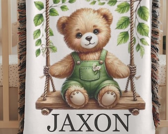 Custom Teddy Bear Woven Nursery Blanket, Teddy Bear blanket, Baby shower gift, custom baby name blanket, custom baby boy woven blanket