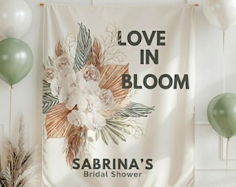 Banner de despedida de soltera "Amor en flor", fondo floral bohemio para despedida de soltera, banner de boda "Pampas neutras", banner floral elegante para despedida de soltera.