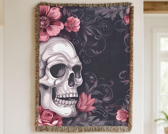 Skull and Floral Woven Blanket, Gothic Home Decor Throw, Dark Floral Skull Tapestry Blanket, Halloween Skeleton Blanket, Gothic Tapestry