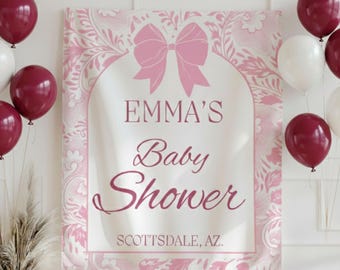 Banner rosa personalizado para baby shower, fondo con lazo floral personalizado, banner de bienvenida para baby shower de niña, banner rosa para baby shower