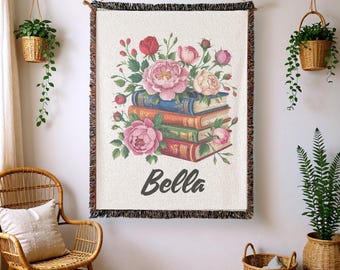 Couverture tissée personnalisée pour amoureux des livres, cadeau pour amoureux des livres, couverture livresque florale, cadeau pour rat de bibliothèque, couverture tissée pour coin de lecture, cadeaux Booktrovert