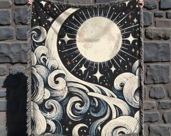 Celestial Moon and Stars geweven deken, maan geweven deken, astrologie Tapijt geweven deken, maan en sterren deken, maan tapijt deken