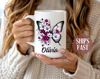Personalized Butterfly Floral Mug, Butterfly mug, Custom Name Mug, Nature Lover gift, Butterfly lover gift, personalized name floral mug