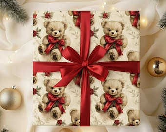 Vintage Teddy Bear Christmas Wrapping Paper, Bear holiday gift wrap, Holiday Gift Wrap, Classic Teddy bear xmas Paper, holiday gift paper