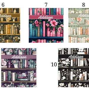 May include: A series of images depicting bookshelf designs with the name "Addison" displayed prominently. Each design features a different color scheme, including floral and botanical elements, and a variety of books.