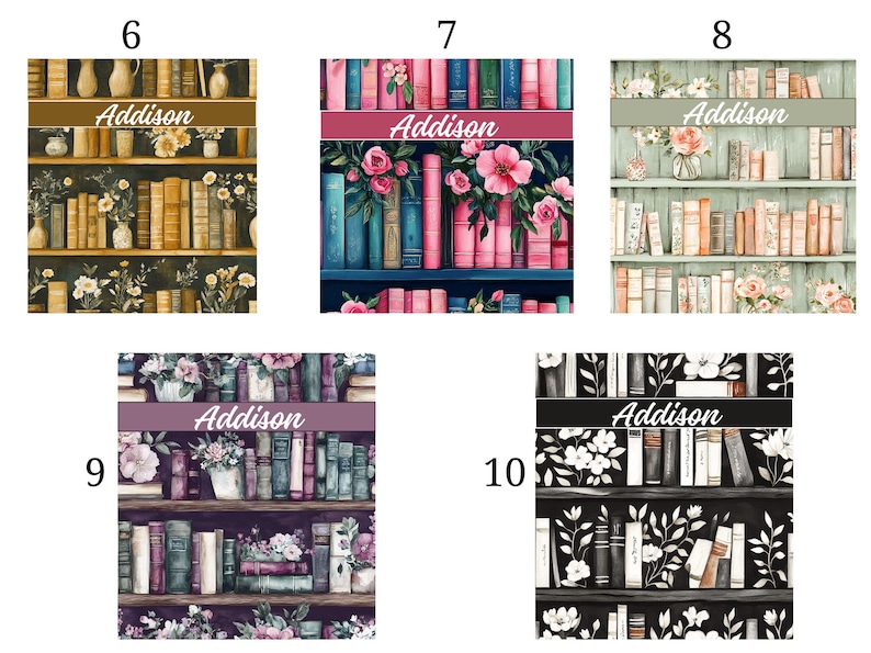 May include: A series of images depicting bookshelf designs with the name "Addison" displayed prominently. Each design features a different color scheme, including floral and botanical elements, and a variety of books.