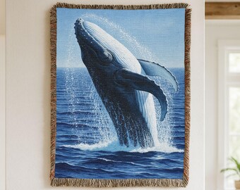 Majestic Whale Ocean Woven Blanket, Marine Wildlife Tapestry Throw, Ocean Lover blanket, Whale lover gift, coastal tapestry, whale tapestry