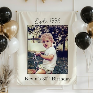 May include: A cream-colored banner with a framed photo of a young child on a tricycle. The banner reads "Est. 1996" and "Kevin's 30th Birthday" in black script. Black, gold, and white balloons decorate the scene.