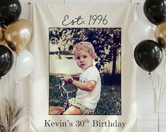 May include: A cream-colored banner with a framed photo of a young child on a tricycle. The banner reads "Est. 1996" and "Kevin's 30th Birthday" in black script. Black, gold, and white balloons decorate the scene.
