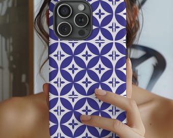Niebieskie etui na telefon z geometrycznymi kafelkami, etui na iPhone'a z marokańskim wzorem, niebieskie etui na telefon, etui na iPhone'a 17, iPhone 17, abstrakcyjne etui na telefon, Samsung 25