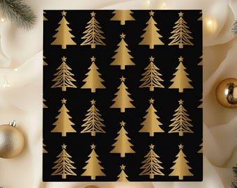 May include: A black square featuring a repeating pattern of gold Christmas trees, each topped with a star. The trees are uniformly arranged. The background is a soft, neutral colour.
