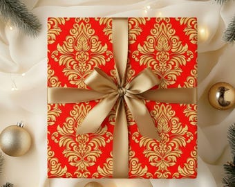 Damast rotes und goldenes Geschenkpapier, modernes Geschenkpapier, rotes und goldenes Geschenkpapier, moderne Geschenkverpackung, Hochzeitspapier