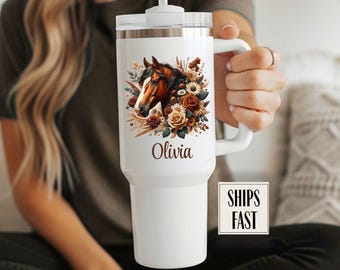 Horse 40oz tumbler with lid and straw, Horse tumbler, Horse floral tumbler, Horse cup, Horse mug, Horse lover gift, animal lover gift