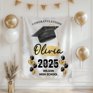 Sfondo personalizzato per la festa di laurea della classe del 2025, striscione personalizzato di congratulazioni con i colori della scuola di specializzazione, laurea della scuola superiore, regalo per laureati universitari