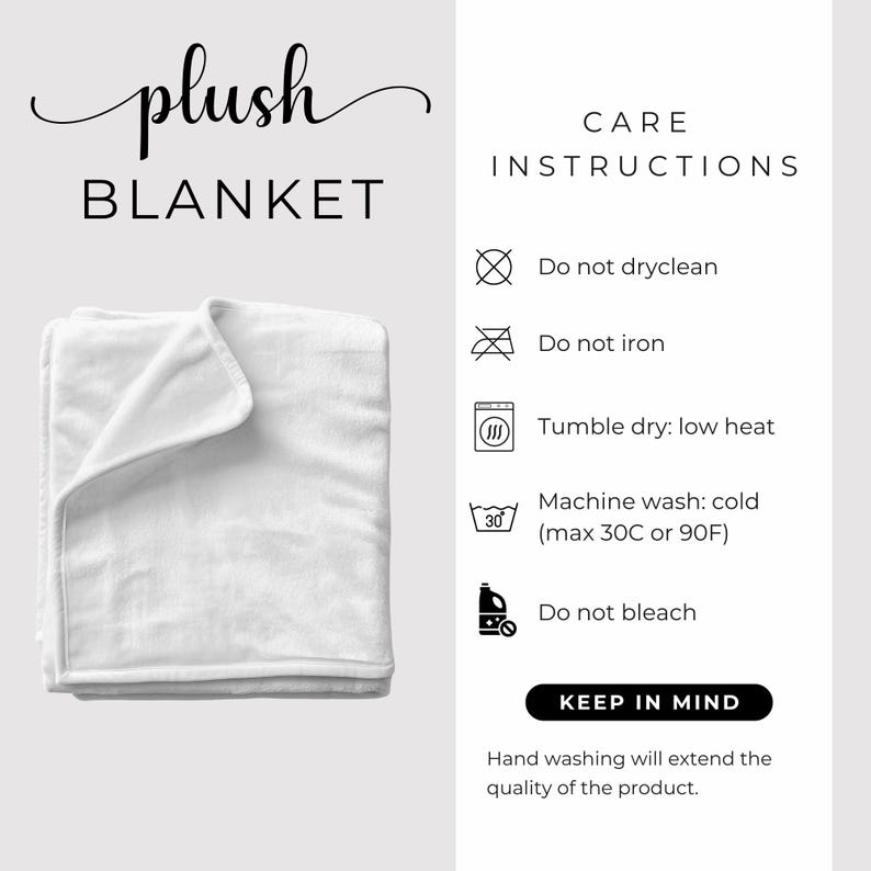 May include: A white plush blanket with the word "plush" in cursive script above "BLANKET". Care instructions are listed, including "Do not dryclean" and "Machine wash: cold (max 90F)".