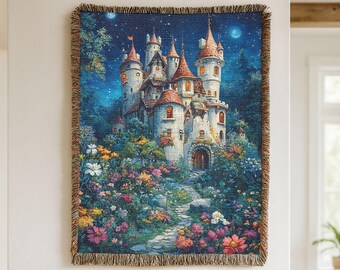 Enchanted Castle Woven Blanket, Fairytale Night Garden tapestry, Enchanted Forest, fairytale blanket, Storybook castle woven blanket