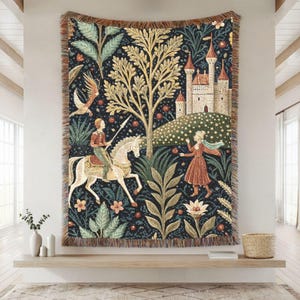 Fairytale woven blanket, fairytale tapestry, Storybook castle throw, Enchanted forest blanket, Princess fairytale blanket,Knight and castle