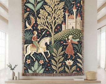 Fairytale woven blanket, fairytale tapestry, Storybook castle throw, Enchanted forest blanket, Princess fairytale blanket,Knight and castle