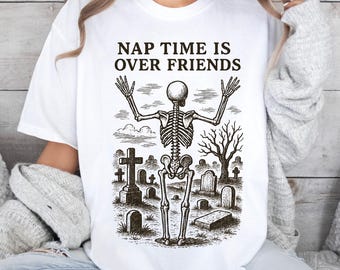 Camisa engraçada de esqueleto com cores confortáveis, camisa engraçada de esqueleto para o Halloween, camisa feminina de Halloween, esqueleto engraçado, estação assustadora, Halloween vintage