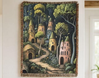 Fairy Tale Village Woven Blanket, Enchanted Forest Castle Path Tapestry, Magical Enchanted Village Woven Blanket, Storybook Fantasy Castle