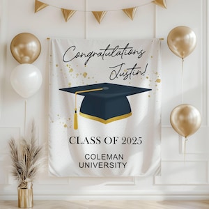 Sfondo personalizzato per la festa di laurea della classe del 2025, striscione personalizzato di congratulazioni con i colori della scuola di specializzazione, laurea della scuola superiore, regalo per laureati universitari
