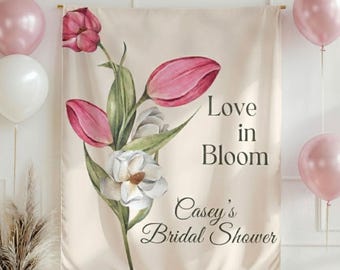 Banner de despedida de soltera "Amor en flor", banner floral bohemio para despedida de soltera, fondo de tulipanes rosas para despedida de soltera, banner floral elegante para despedida de soltera.