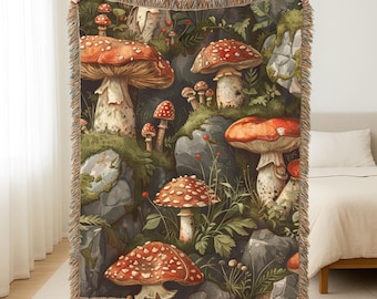 Mushroom woven blanket, mushroom tapestry blanket, mushroom tapestry, mushroom lover gift, mythical forest tapestry, mushroom gift, tapestry