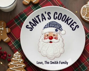 Personalized Patchwork Santa Cookie Plate, Farmhouse Christmas Keepsake, Santa Plate, Custom Santa Cookie Plate, Santa Christmas Cookie
