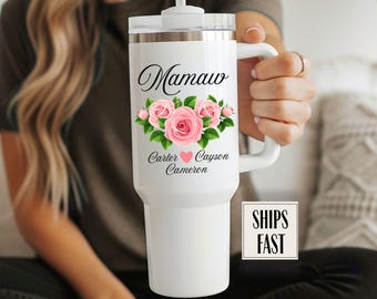 Mamaw Tumbler 40 oz with lid and handle, Custom Mamaw tumbler, Mamaw Mug, Floral Mamaw Tumbler, Mamaw cup, custom Mamaw gift, mothers day