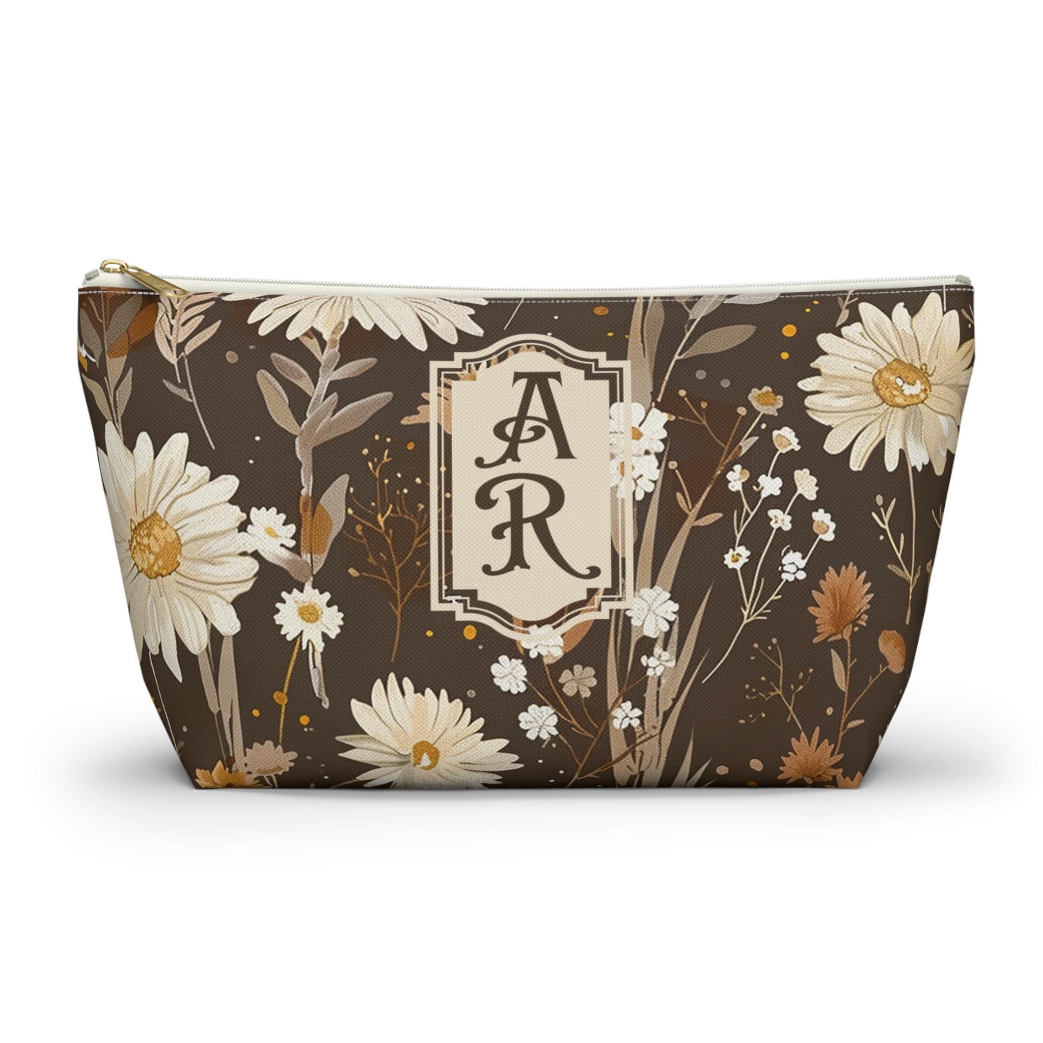 Brown Wildflower Mahjong Tile Bag, Wildflower Storage Pouch